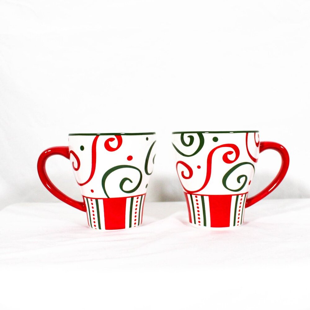 Pier 1 Christmas Mugs Set of 2 2013 Holiday Red Green Swirl Dot Ceramic